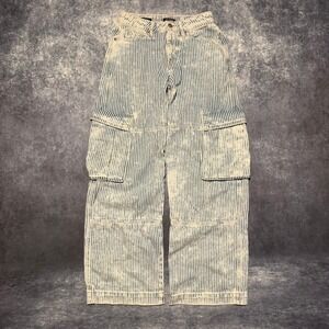 Wild Fable Striped Mid-Rise Baggy Cargo Jeans Womens 00/28 Blue White Hickory